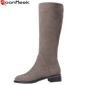 

MoonMeek 2020 knee high boots round toe zip suede leather boots ladies square heels solid colors autumn winter boots women