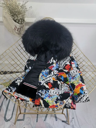 Детская зимняя куртка с отделкой из меха, пальто для мальчиков и девочек утепленное пальто из меха кролика с граффити, Детская меховая куртка для девочек, TZ147 - Цвет: Black Black Fur