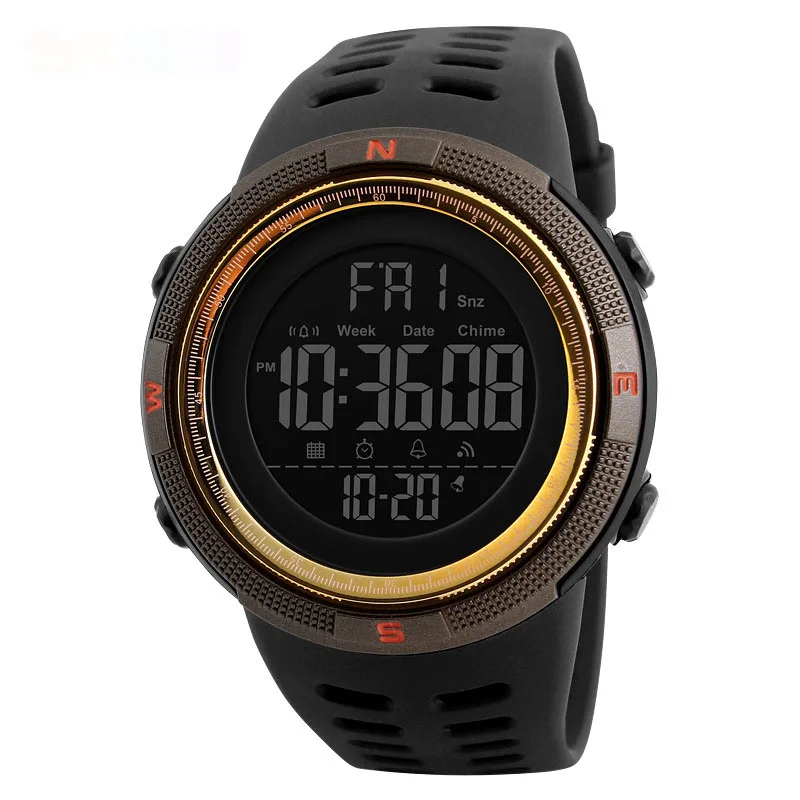 Модные уличные спортивные часы мужские многофункциональные часы с будильником Chrono 5 бар водонепроницаемые цифровые часы reloj hombre 1251 - Цвет: BrownGold