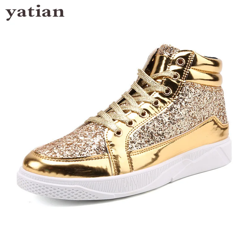 

Men's leather boots glossy face keep warm boots men's casual high-top shoes with diamonds retro gold silver black boots AD-35