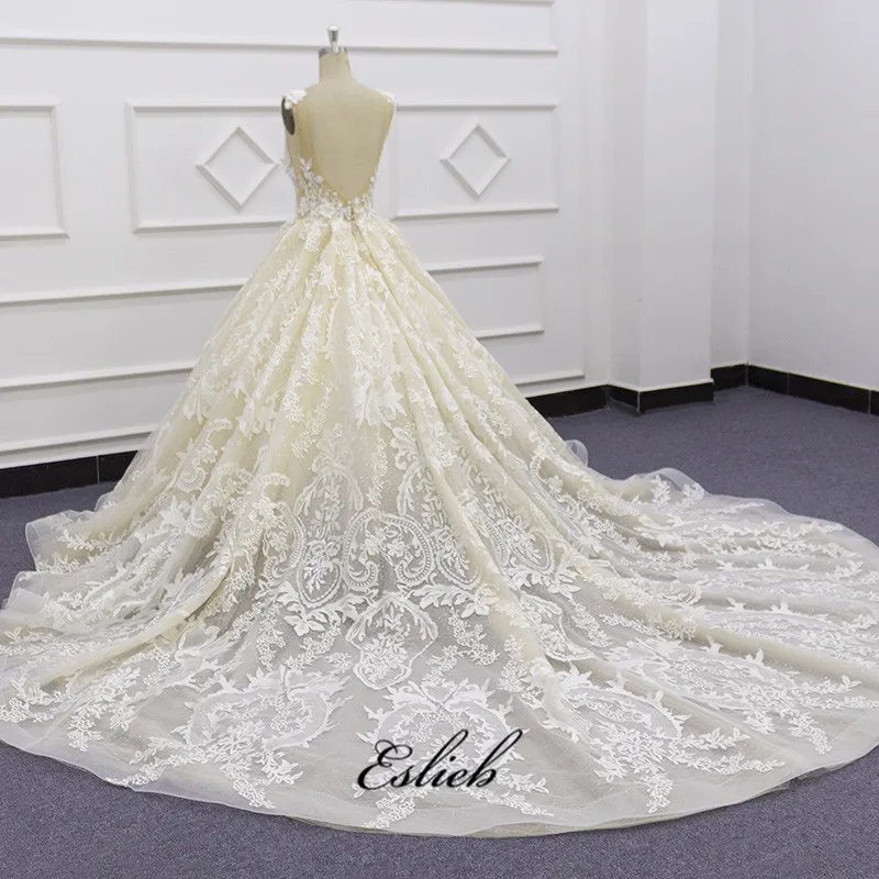 Eslieb 3d цветок Кристалл Кружева Свадебные платья Обнаженная Тюль спинки свадебное платье бальное платье Vestido de Noiva на заказ