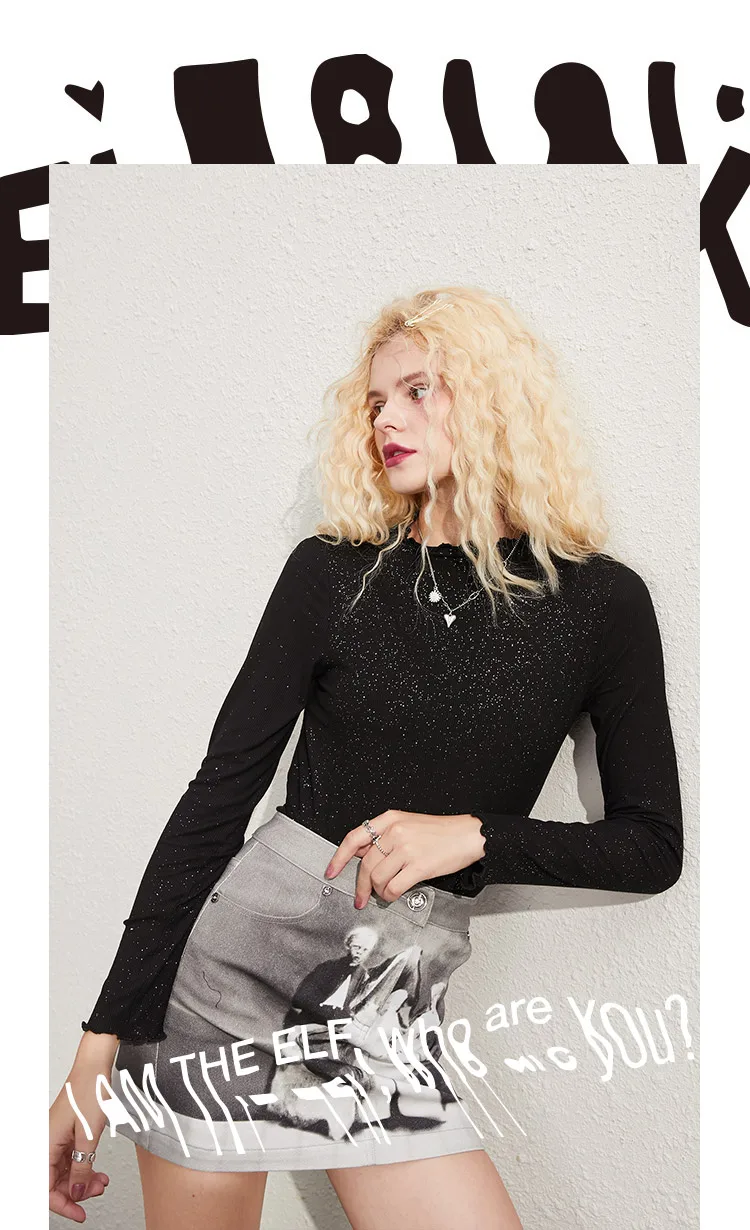 ELFSACK Solid Contrast Sequins Casual T-Shirts Women Clothing,2020 Autumn ELF Full Sleeve Korean Ladies,Basic Daily Bright Tops