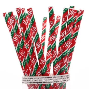 

100 pcs Green Red Striped HoHo Christmas Paper Straws,New Year Party Biodegradable Colorful Patterned Paper Drinking Straws Bulk