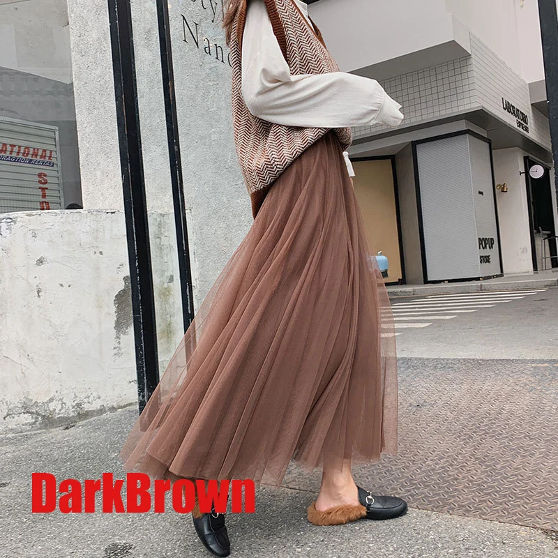 Dark Brown Сетчатая Женская Тюлевая юбка женская черная миди длинная Плиссированная Тюлевая юбка s для женщин юбка с высокой талией Женская юбка-пачка весна-лето - Цвет: Dark Brown