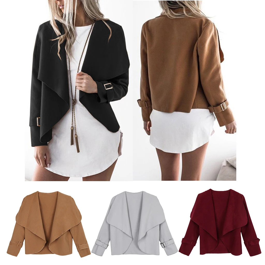 

Women’s Spring Autumn Plain Open Front Wide Lapel Jacket Short Irregular Cardigan Woolen Coat Outwear