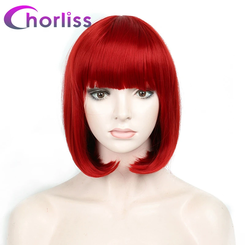 Synthetische Korte Rechte Bob Vrouwen Pruiken Met Fringe Pony Chorliss Nep Haar Roze Wit Groen Bruin Paars Cosplay pruiken|Synthetic None-Lace Wigs| - AliExpress