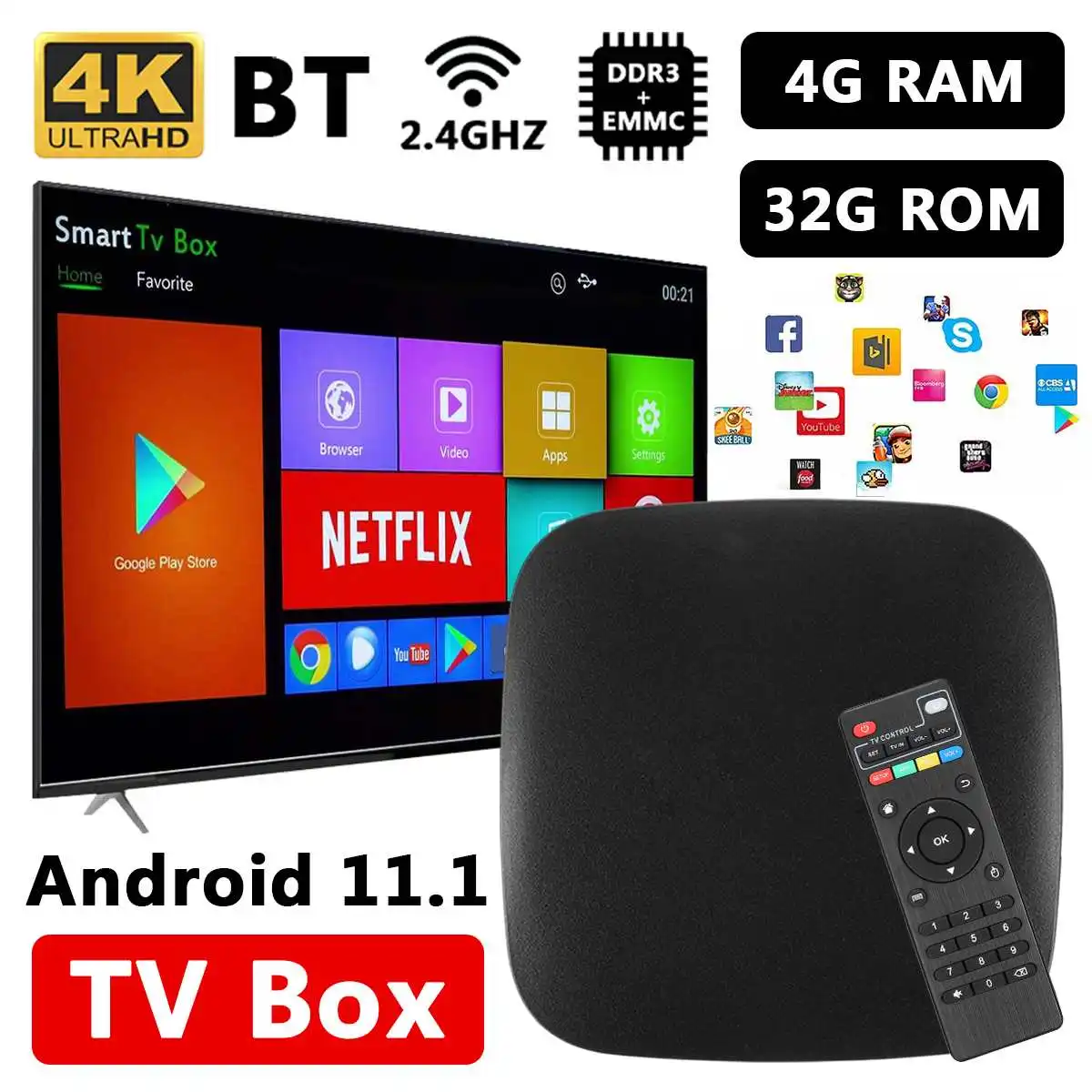 Upgrade DDR3+EMMC Android 11 TV Box Smart Amlogic 2.4G wifi 4K H.265 4GB RAM 32G Media Player Set Very Fast Top | Электроника