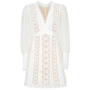 

High Quality Butterflies Embroidery Dresses 2020 Women's Long Lantern Sleeve Elegant White Linen Dress