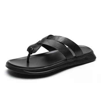 

New Flip-Flops Male fender summer men genuine leather slippers High Quality Genuine Leather all-match cowhide casual Shoes beach