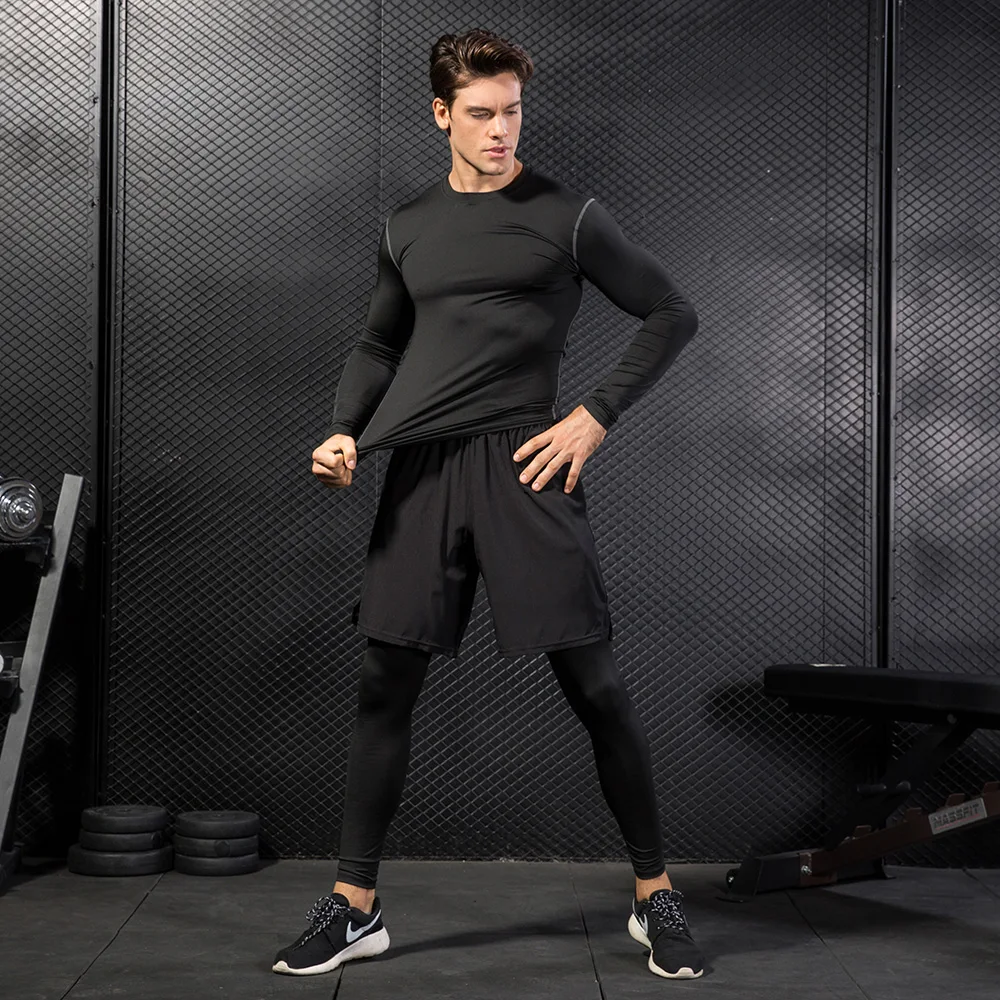 Спортивный костюм для бега, мужские спортивные комплекты, Компрессионные спортивные костюмы, дышащие, для спортзала, фитнеса, трико, тренировочная одежда, сухая посадка