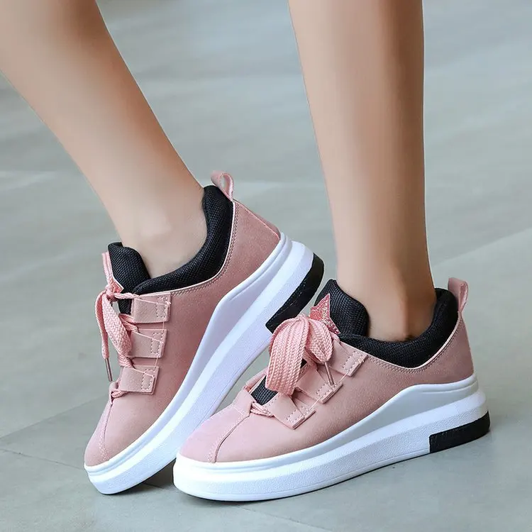 

New Women Sneakers Thick Platform 4.5CM Round Toe Lace Up Pink Black Gray Wedge Sneakers Female Platform Sneakers