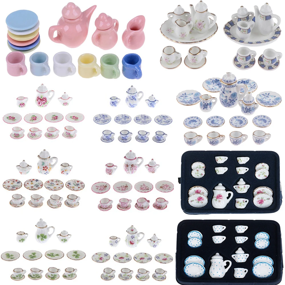 1Set Ceramic Scale 1:12 Doll House Miniature Porcelain Tea Cup Set Tableware Kitchen Dollhouse Teapot DIY Toys ceramic storage tank pumpkin shape porcelain bowl ceramic candle jar candy jar store canister household kitchen container