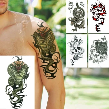 

Green Snake Fake Temporary Tattoos For Men Women DIY Fire Dragon Tattoo Sticker Tiger Daisy Flower Body Hands Death Skull Tatoos