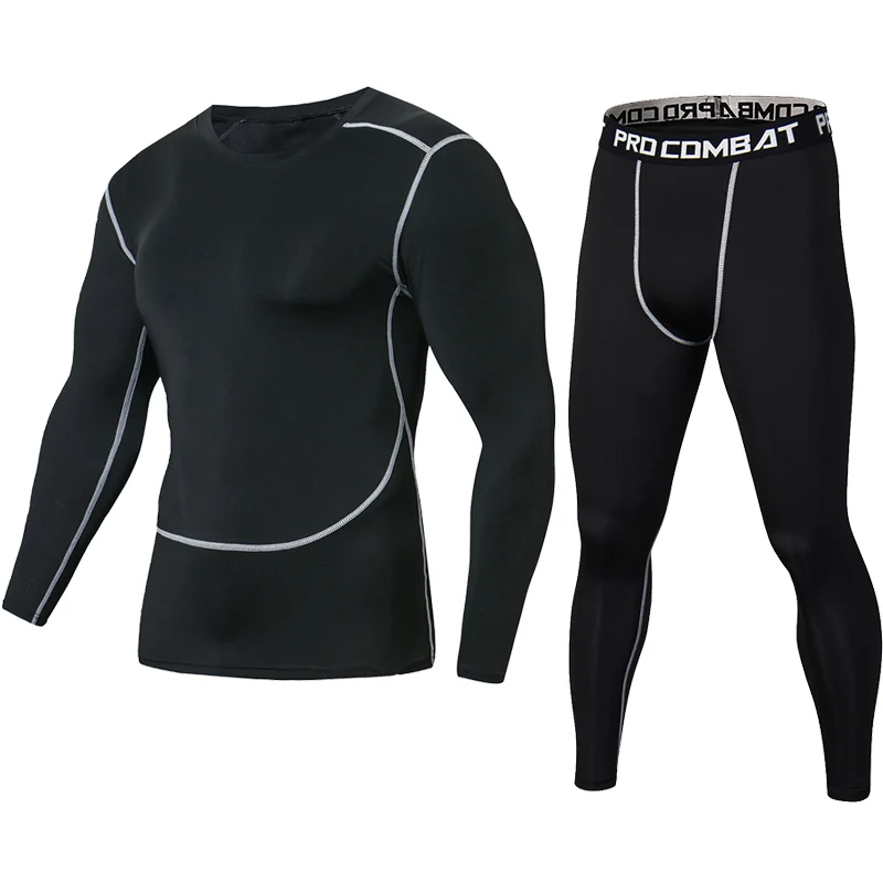 

New Fitness Men Sets Pure black Compression Shirts + Leggings Base Layer Brand Long Sleeve T Shirt Clothing Set
