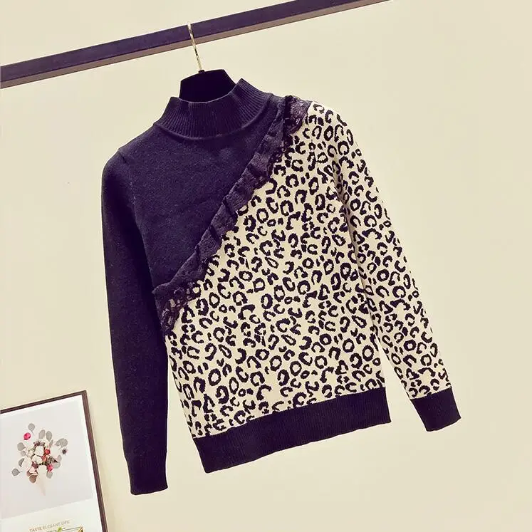 Свободные леопардовые печатные лоскутные кружева деко свитера с длинным рукавом водолазки вязаные пуловеры