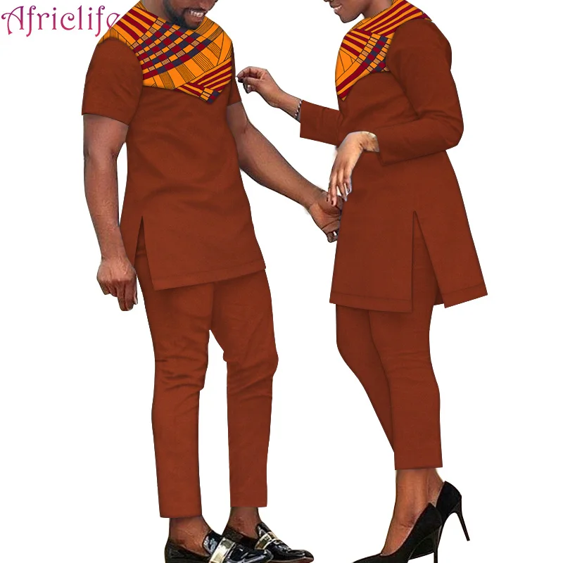 Новейший дизайн; комплект со штанами для влюбленных; комплект из хлопка для мужчин и женщин; комплект с футболкой; одежда для пары в африканском стиле; Семейные платья; WYQ390