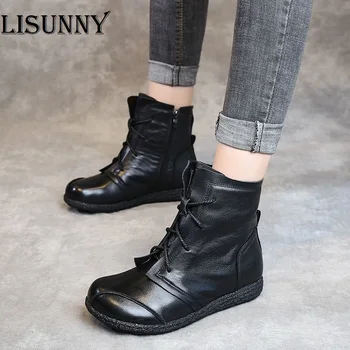 

2020 Lady Shoes Lace-up Women Genuine Leather Ankle Flat with Vintage Retro Solid Black Ankle Boots for Women