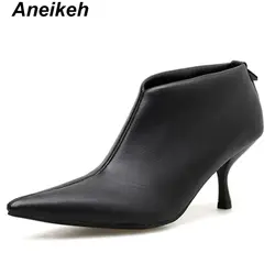 Aneikeh/2019 г. Классические Элегантные женские ботинки из PU искусственной кожи туфли без шнуровки с острым носком на тонком высоком каблуке для