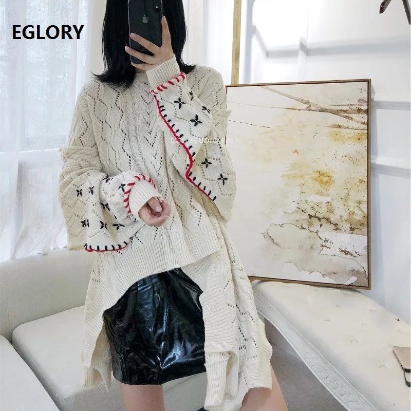 

Cape Poncho Sweaters 2019 Autumn Winter Casual Pullovers Women Crochet Knitting Color Block Embroidery Long Sleeve Jumpers