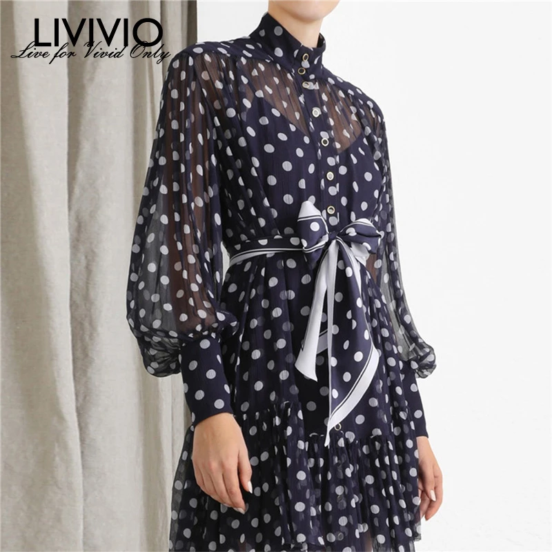

[LIVIVIO] Sash Bowknot Waisted Sheer Polka Dot Dress For Women Stand Collar Lantern Long Sleeve Dresses Female 2019 Autumn New