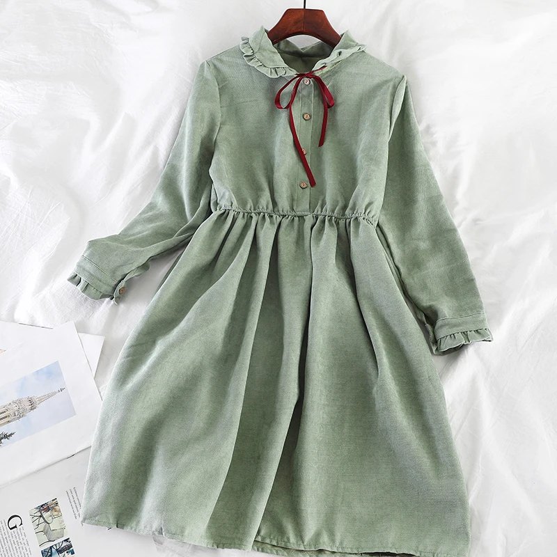 Women Dress Женское Плиссированное Бандажное платье с воротником «Питер Пэн» и расклешенными рукавами, с оборками и бантом, новинка, винтажный тонкий пуловер, кардиган, мини-платье на пуговицах - Цвет: Women Dress