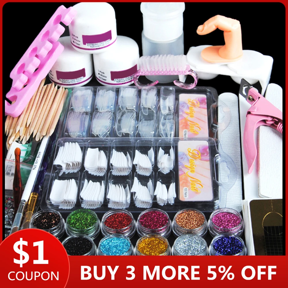 Online Acrylic Nail Art Kit Manicure Set 12 Colors Nail Glitter Powder Decoration Acrylic Pen Brush Nail Art Tool Kit For Beginners