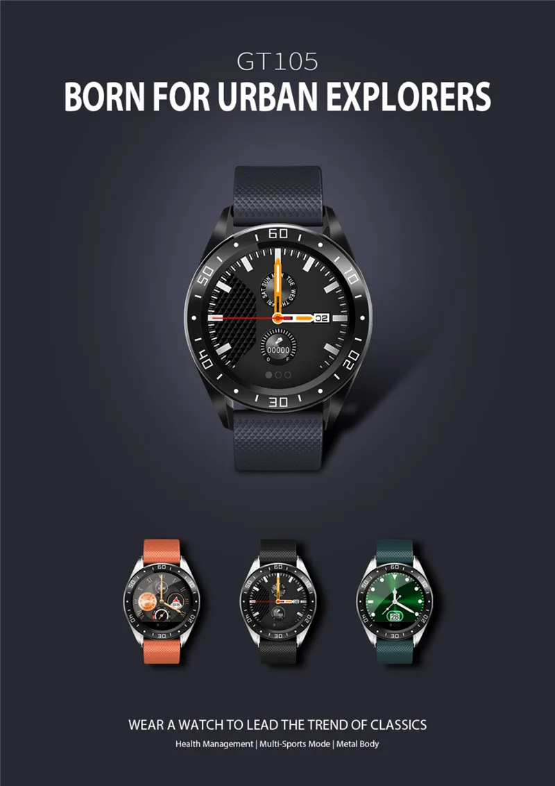 

GT105 Smart Watch Men IP67 Waterproof 1.2 Inch Screen Heart Rate Smart Watch Call Message Remind For Android Ios