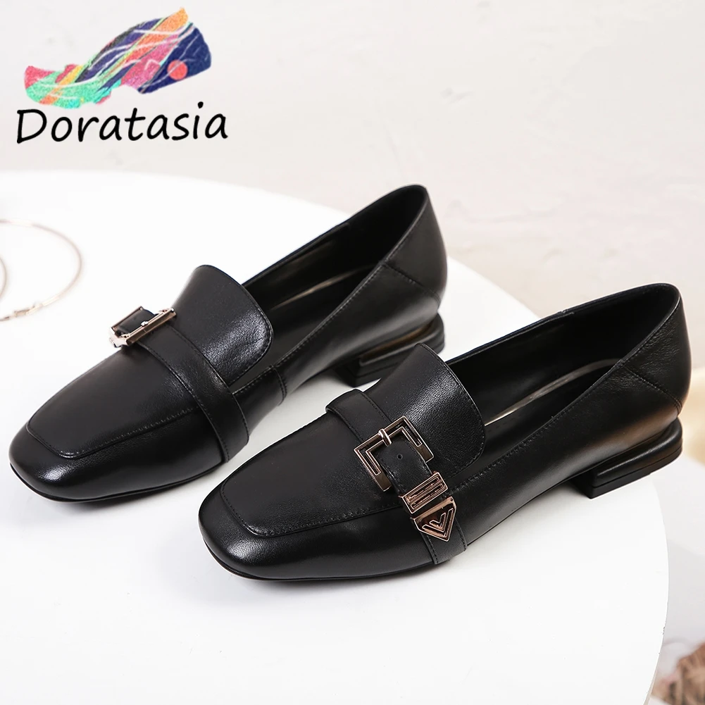

RIBETRINI Brand Girl Buckle Belt Square Toe Genuine Leather Flats Elegant Flats Women Slip On Spring Casual Office Shoes Woman