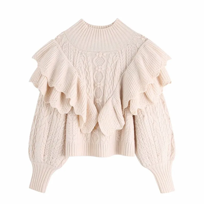 Light Pink Huaxiafan свитер женский пуловер с оборками теплый свитер с длинным рукавом толстый вязаный Повседневный модный короткий свитер с высоким воротом для женщин - Цвет: Light Pink