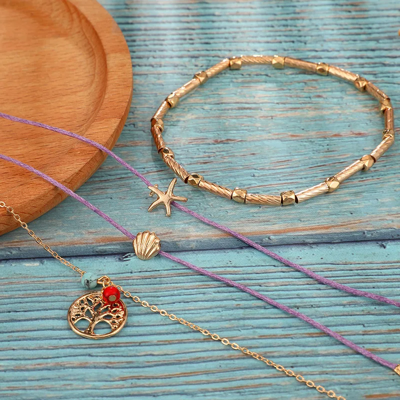 Винтаж Boho многослойное бисерное женские браслеты для щиколотки Модная жизнь дерево Раковина Морская звезда кулон браслет ручной работы цепочка бижутерия для ног
