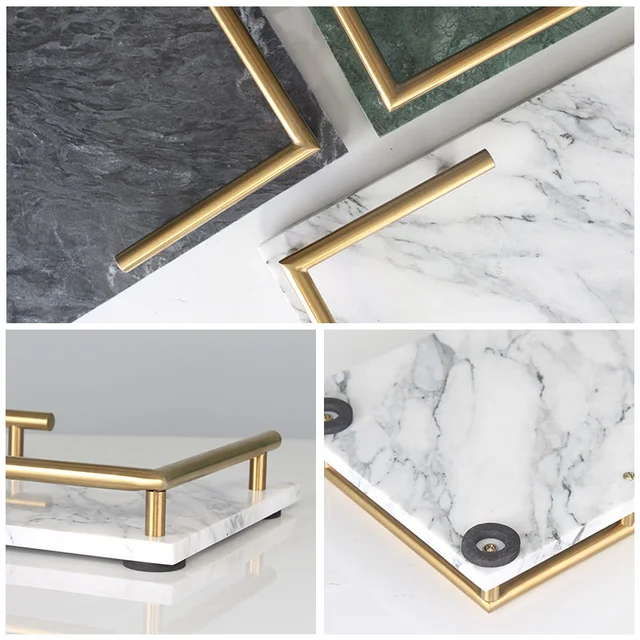 Márvány És Sárgaréz Tea Tálca Fürdőszoba Kozmetikai Polc Gyümölcs/ Tészta Tányér Téglalap Kreatív Tároló Szervezet Arany Fogantyú - Image 5