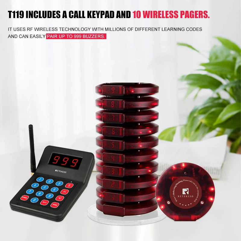 Retekess T119 Restaurant Pager Wireless Paging Queue System 10 Coaster ...