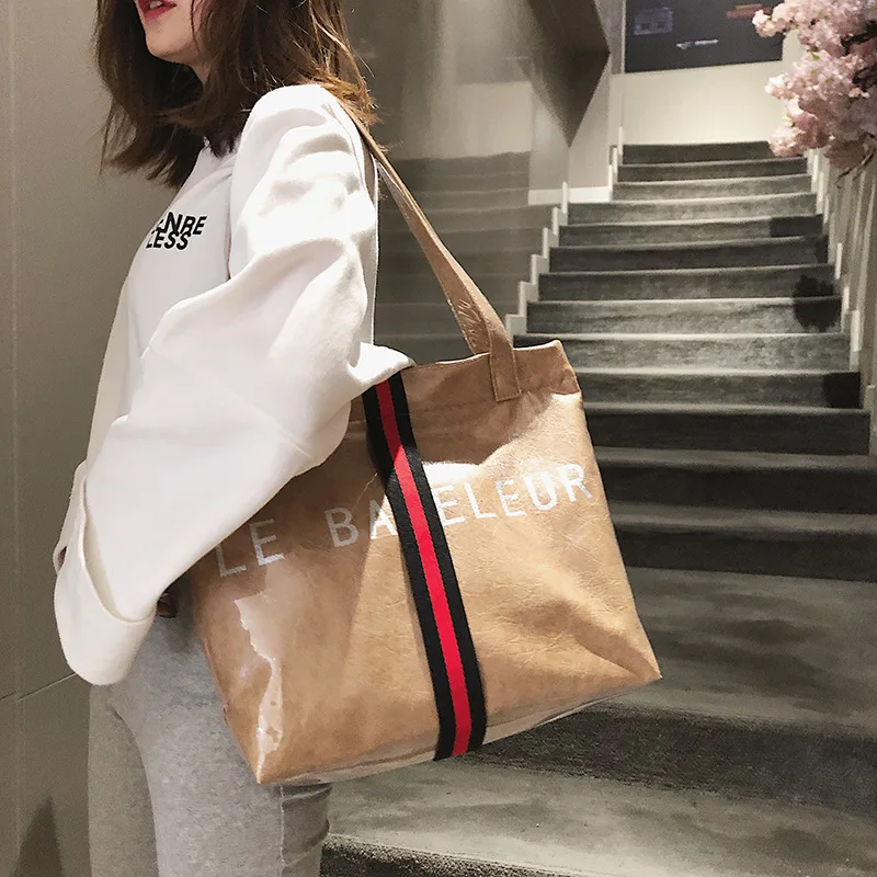 JIULIN transparent Kraft paper solid color tote bag large capacity leisure hand-held bright face portable bag tide