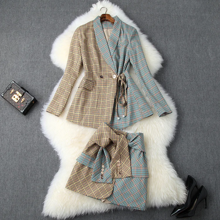 Hot Sale Fall Office Lady Turn-Down Collar Patchwork Plaid Suit Full Sleeve Top High Waist Mini Skirt Woman 2 Piece Set