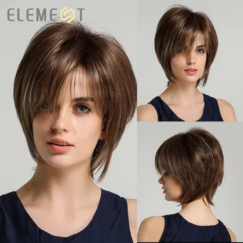 

Element Women Pixie Cut Hairstyle Mix Brown Color Short Straight Synthetic Bob Wigs with Bangs for Daily Wear
