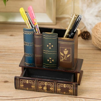 

Vintage Creative Solid Wood Wooden Pen Container Swing Piece Home Office Study Table Top Decoration Storage Box Artwork
