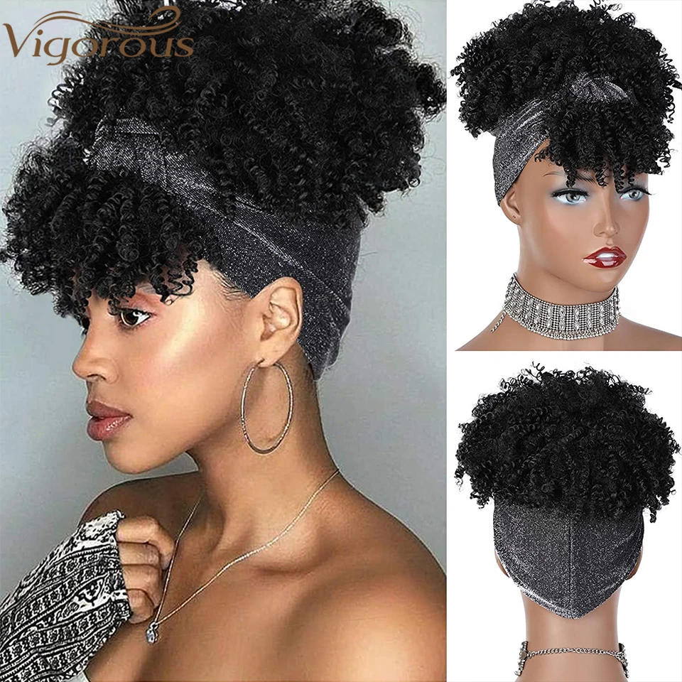 Pelucas de diadema sintética vigorosa para mujer, cabello corto rizado negro con flequillo Afro, turbante plateado, envoltura para la cabeza
