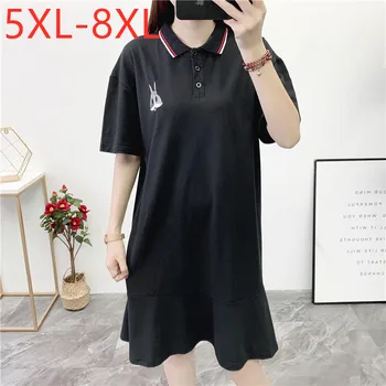 

2020 Korean summer ladies plus size dress for women short sleeve loose casual black cotton button ruffle dress 5XL 6XL 7XL 8XL