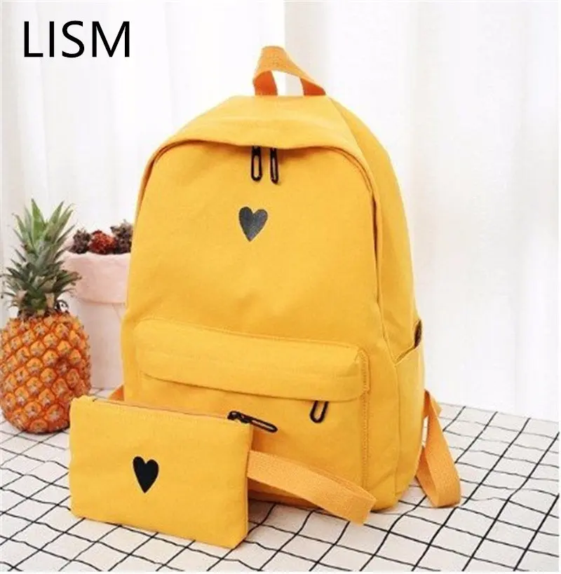 

LISM Moon Wood High Quality Canvas Printed Heart Yellow Backpack Korean Style Students Travel Bag Girls School Bag Laptop Backpa