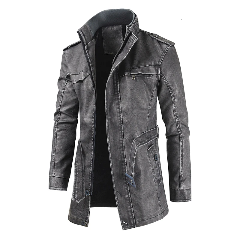 Men Leather Patched Long Casual Parkas Jacket