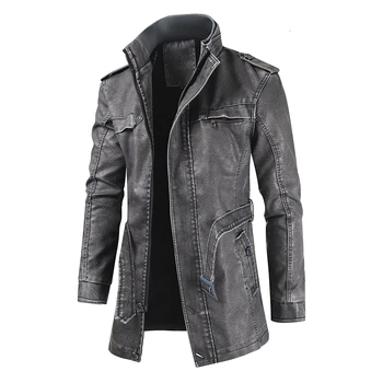 Men Leather Patched Long Casual Parkas Jacket