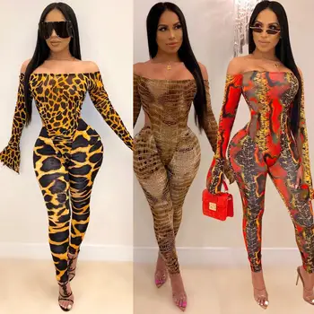 

SZMALL Newest Club Sexy Lady Jumpsuit Full Sleeve Off Shoulder Crocodile pattern Playsuit For Women Skinny Long Trousers Rompers