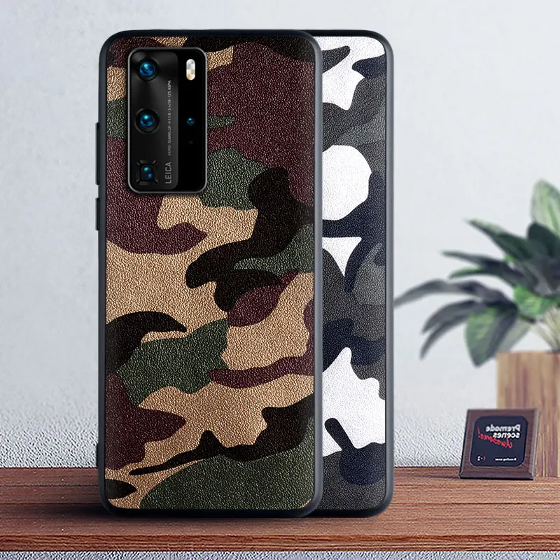 Чехол для Huawei P40 pro plus lite E P30 P20 P10 P9 P8 2017 P Smart 2019 из ТПУ и ПК камуфляжный кожаный