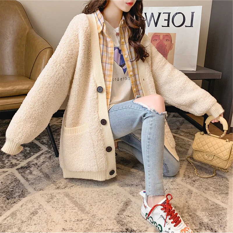 H.SA Women Sweater Coat Long Sleeve Big Pocket Single Breasted Thick Long Jacket Poncho Fleece christmas sweater Cardigans