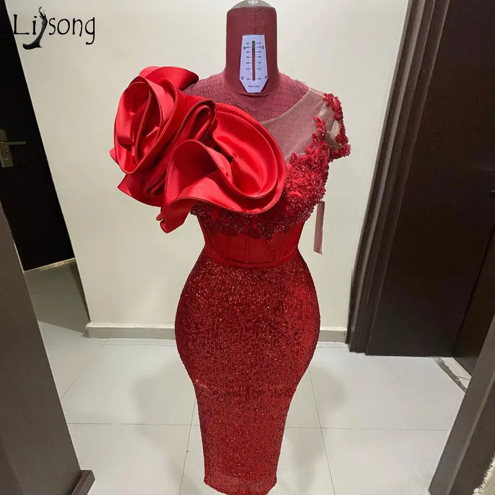 Aso Ebi Red Dresses Ruffled Satin Lace Sequined Evening Dress Mermaid Women Formal Prom Gowns