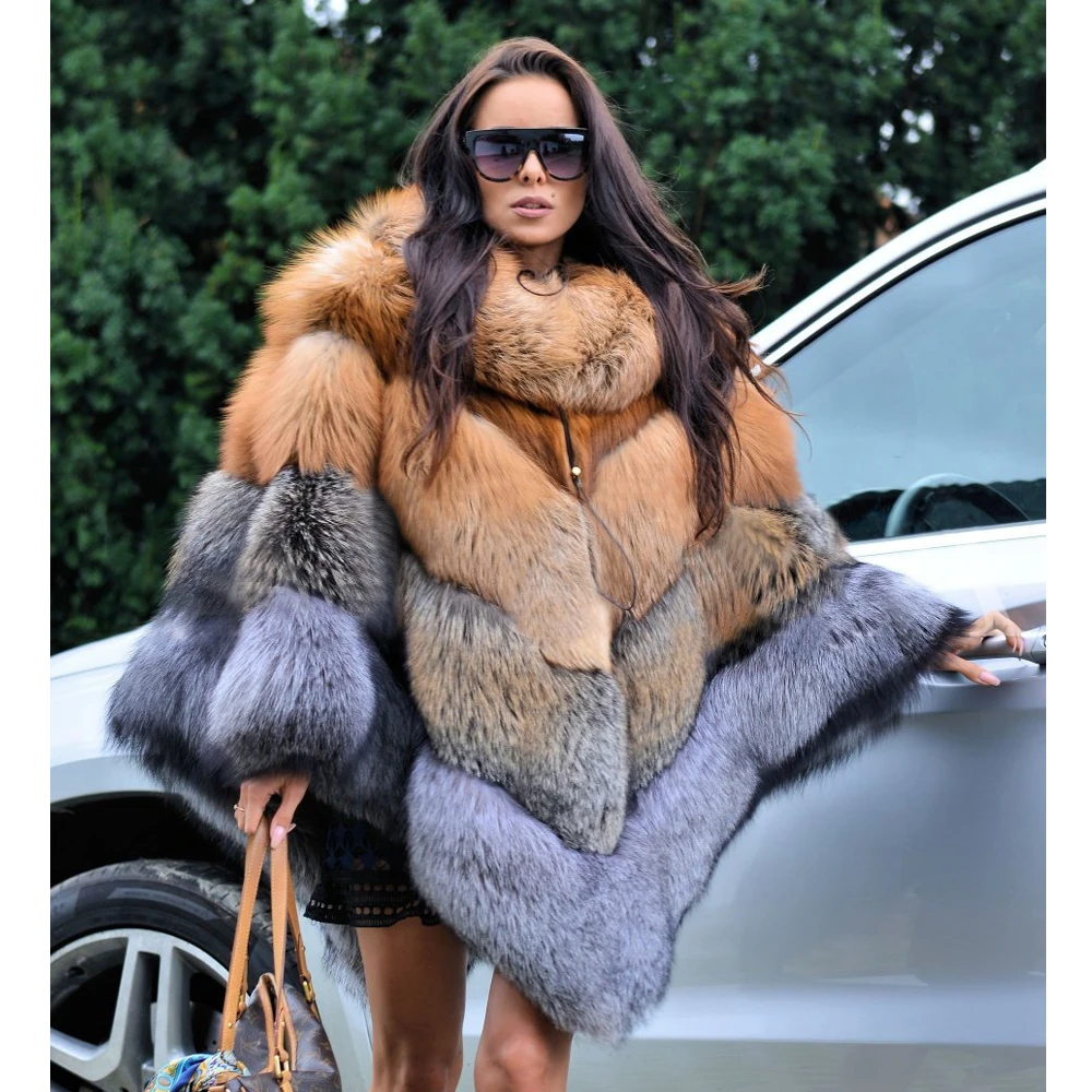 Зимние Модные накидки из натурального Лисьего меха, настоящие женские пончо из цельного натурального Лисьего меха с воротником-стойкой, женские трендовые меховые пальто 2022
