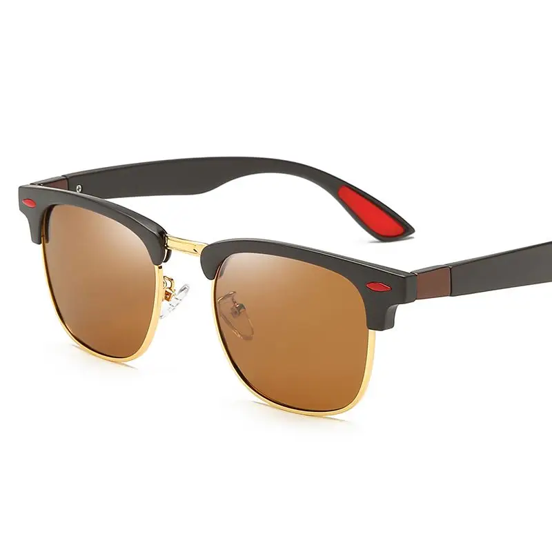 Мужские поляризационные солнцезащитные очки без оправы, винтажные Роскошные брендовые дизайнерские красные очки с заклепками, UV400 Солнцезащитные очки для мужчин wo men - Цвет линз: brown gold brown