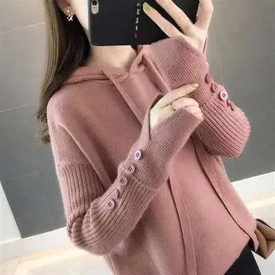 Dark pink Повседневный свитер с капюшоном осенне-зимний Корейский стиль женский свободный однотонный трикотаж на пуговицах Женский пуловер, свитер Sueter - Цвет: Dark pink