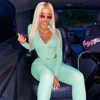 

Ribbed Two Piece Set Women Long Sleeve Top And Pants Tracksuit Women Fitness Women Outfits Casual Solid Zipper Set