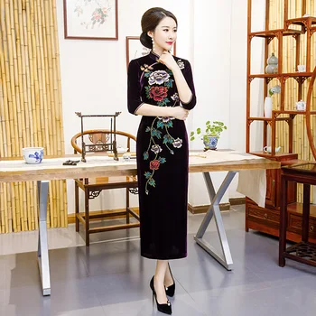 

Vintage Button Women Slim Qipao Sexy High Split Mandarin Collar Cheongsam Oversize Velvet Chinese Wedding Party Dress Vestidos